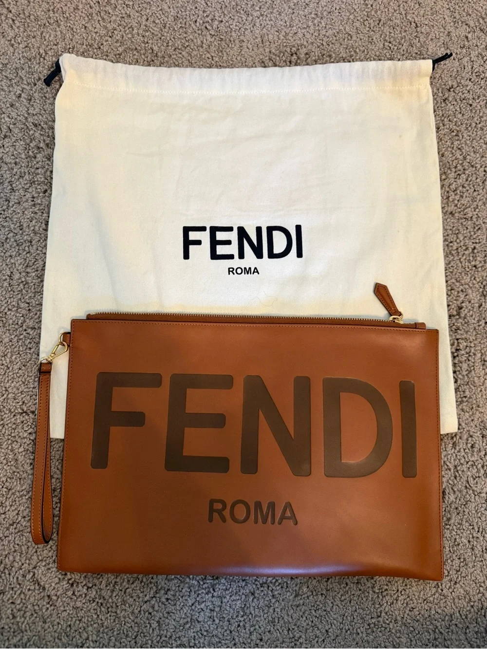 Fendi Leather Zip Pouch in Cognac Brown with Dark Logo